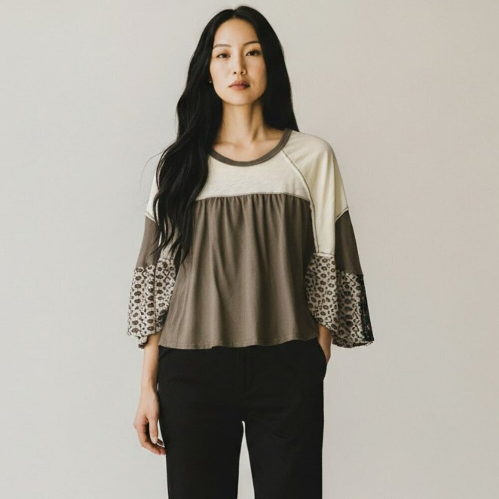 Oddy Womens Medium Large Boho Batwing Sleeves Linen Blend Crop Top Shirt M L